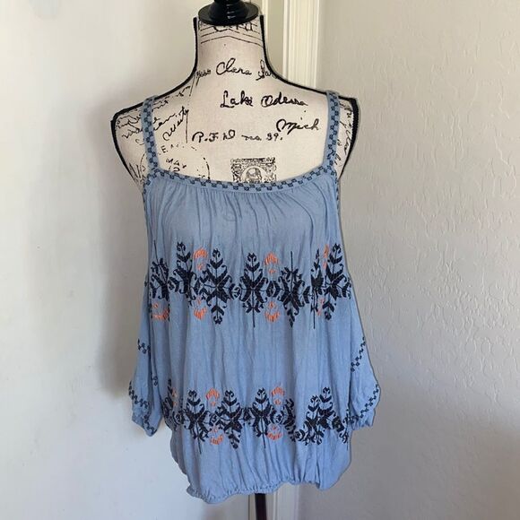 Free People Blue Embroidered Cold Shoulder Top Contemporary Festival Boho - Picture 2 of 14